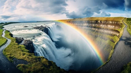 Stickers muraux Rivière forestière The stunning spectacle of a rainbow arching over a vast waterfall.