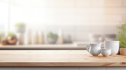 Wooden countertop in kitchen room blur background. Can be used to show product display montage or visual design on tabletop. AI.