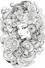 mandala illustration for coloring, girl, person, relaxation, therapeutic, print