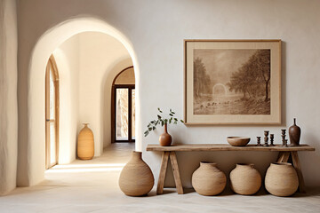 Rustic console table near arched doorway. Mediterranean interior design of modern entrance hall.