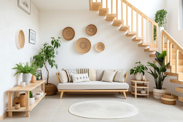 Cute grey sofa in room with staircase. Scandinavian home interior design of modern living room.