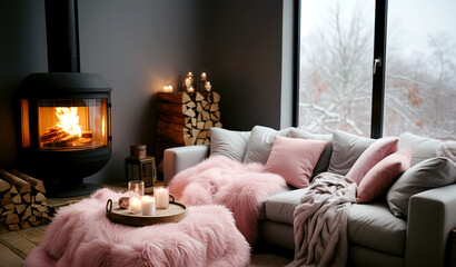 Grey sofa with pink pillows and fur blanket by freestanding fireplace. Hygge, scandinavian cozy home interior design of modern living room.