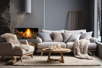 Fototapeta premium Grey sofa and lounge chair by fireplace. Scandinavian, hygge home interior design of modern living room.