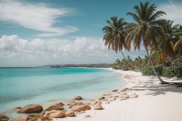  Illustration of paradise landscapes with turquoise sea, white sand, and palm trees. Tropical beaches.