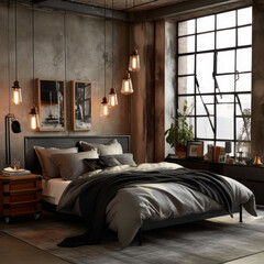  A industrial bedroom has gray bedding

