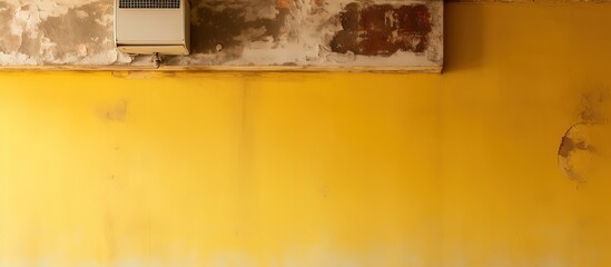 White ceiling and yellow wall with moldy corner alongside a rusty heat pipe