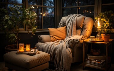 Obraz premium Soothing corner on a reclining chair surrounded by plush blankets and books