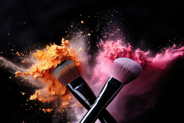 Cosmetic professional makeup brushes and brushes with colorful explosion powders in motion isolated. - obrazy, fototapety, plakaty