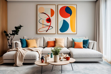 Light grey sofa with colorful multicolored pillows against wall with art poster frames. Pop art,...