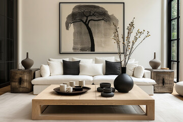 Wood coffee table near white sofa with black pillows against wall with big poster frame. Japanese home interior design of modern living room.