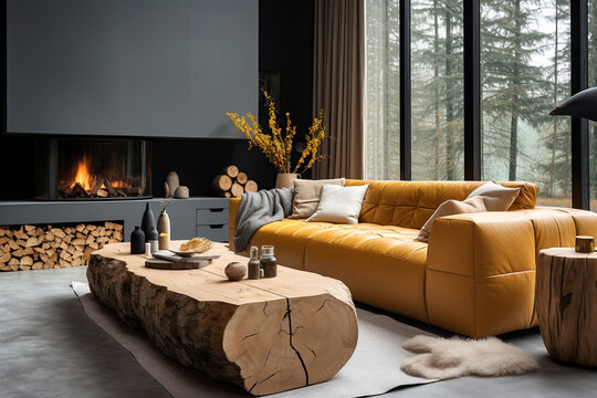 Tree trunk coffee table near yellow leather tufted sofa by fireplace. Minimalist home interior design of modern living room in villa in forest.