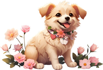 A close-up painting of a cute dog with flowers surrounding it. AI-Generated.