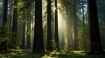 Fototapeta na wymiar Towering redwood trees, their canopy filtering soft sunlight.