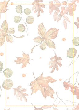 Postcard with hand drawn watercolor fall leaves on a white background. for poster, card, wallpaper, home design and wrapping paper