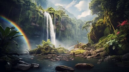 Towering waterfalls in a tropical rainforest, their mists creating rainbows.