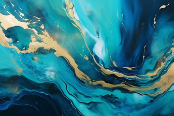Stunning teal and blue paint swirls with golden glitter on a modern background. Generative AI