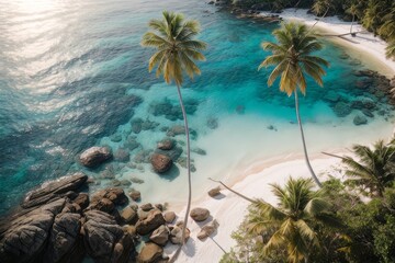 Illustration of paradise landscapes with turquoise sea, white sand, and palm trees. Tropical beaches seen from a drone.