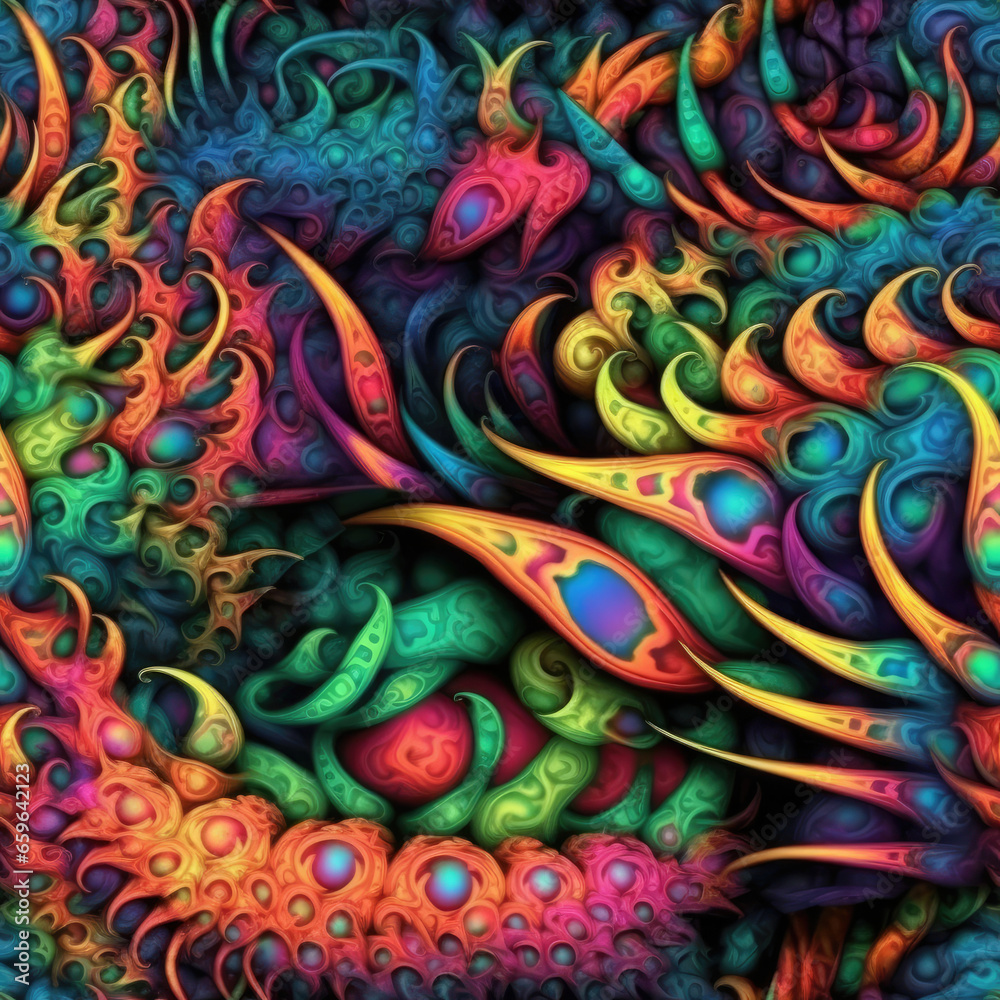 Poster colorful seamless dragon pattern with a psychedelic twist
