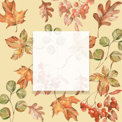 stylish frame on the background of watercolor autumn bright leaves. for the design of postcards, products and cosmetics