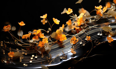 Autumn collage with yellow leaves, musical notes
