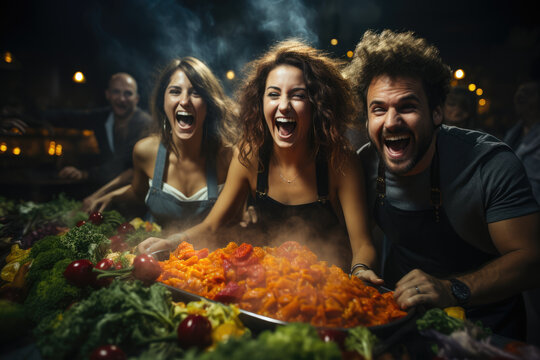 A group of friends participating in a vegetable-themed cooking competition, showcasing creativity in the kitchen. Concept of culinary challenge. Generative Ai.