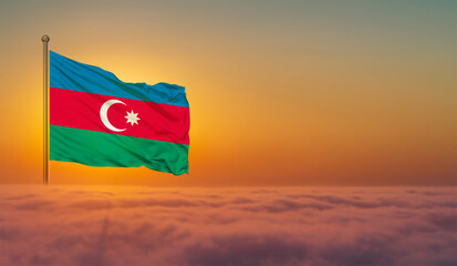 Azerbaijan national flag waving in beautiful clouds.