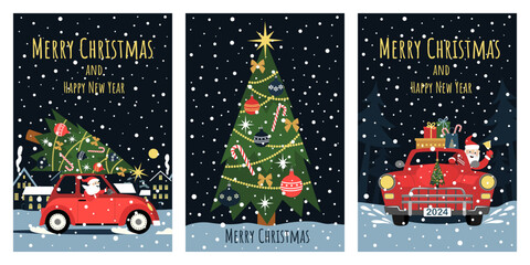 A set of cards with a picture of a Christmas tree and Santa Claus riding in a car.