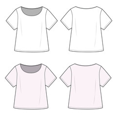 Girls u neck t-shirt front and back view flat drawing vector illustration template