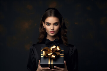 Portrait of a beautiful brunette girl holding present box with golden bow on dark background. Black friday and sales theme. Holidays concept. Minimal style