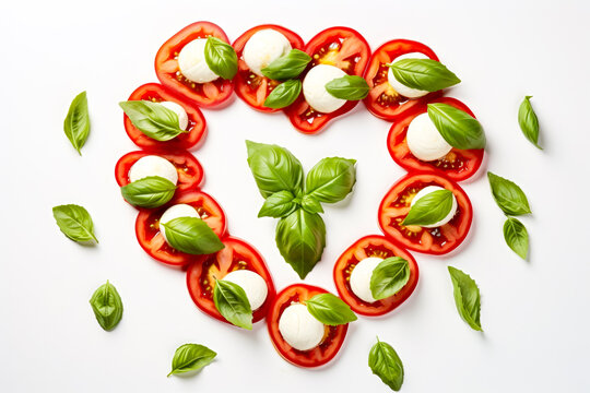 Caprese salad with tomatoes, mozzarella cheese and basil on white background