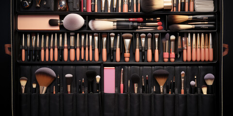 Professional makeup palette case and set, cosmetics, brushes, brushes and sponges.