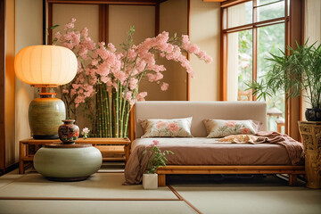 Fototapeta na wymiar Japanese style bedroom interior