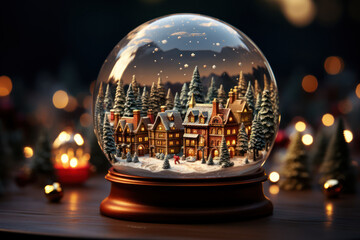 A snow globe featuring a miniature winter wonderland with a charming village and a festive Christmas market. Concept of holiday nostalgia. Generative Ai.
