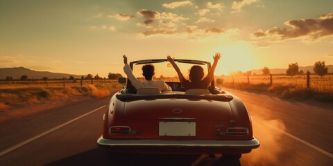 Couple Riding in the Back of an Open Vintage Convertible, Cruising Down the Road After Sunset, With the Sun Still Illuminating the Sky, Creating a Timeless and Romantic Journey - obrazy, fototapety, plakaty