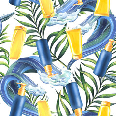 Sun and tanning creams blue and yellow with sea wave and tropical palm leaves. Watercolor illustration, hand drawn. Seamless pattern on a white background