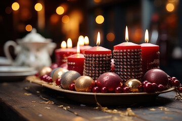 A close-up of a candle-lit Advent wreath, symbolizing the anticipation and countdown to Christmas....