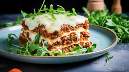 Portion of tasty lasagna with fresh herbs on dark rustic background