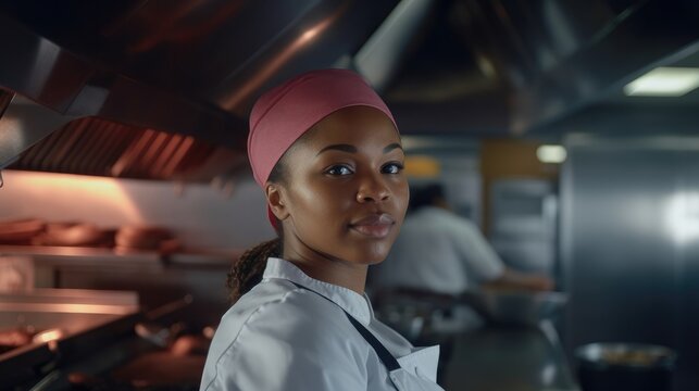 African american chef woman preparing food in a professional kitchen.