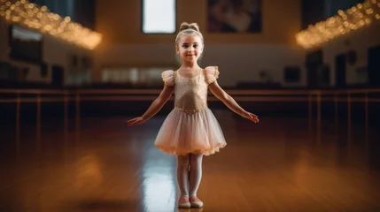 Gordijnen Cute adorable ballerina little girl in pink tutu dance practices ballet dancing © Boris
