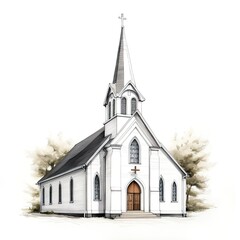 Drawing of a church on a white background.