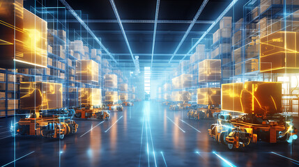 Modern high tech innovative warehouse logistics displayed through automation, robotics and artificial intelligence, defining the future of industry
