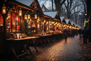 Fototapeta premium A charming Christmas market with wooden stalls, selling handmade ornaments, crafts, and seasonal treats. Generative Ai.