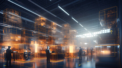 Modern high tech innovative warehouse logistics displayed through automation, robotics and artificial intelligence, defining the future of industry - obrazy, fototapety, plakaty