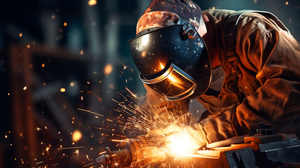 Welder welding metal, lots of sparks, wearing protective welding gear