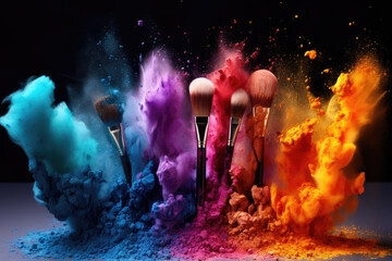 Cosmetic professional makeup brushes and brushes with colorful explosion powders in motion isolated.