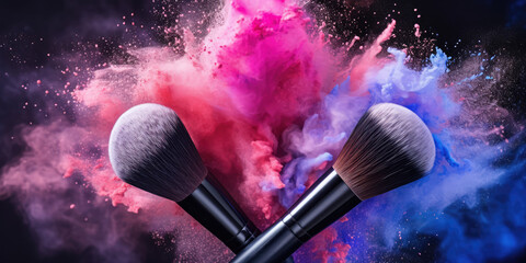 Cosmetic professional makeup brushes and brushes with colorful explosion powders in motion isolated.