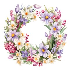 Colorful spring flower wreath on a white background.