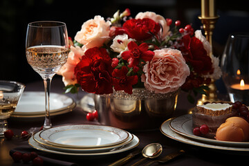 Fototapeta na wymiar A festive New Year's Eve dinner table set with fine china, crystal glasses, and a centerpiece of fresh flowers. Concept of elegance and dining. Generative Ai.