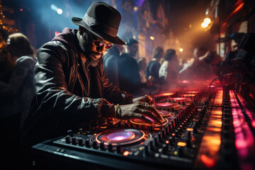 A DJ spinning tracks at a lively New Year's Eve dance party, with colorful lights and revelers...