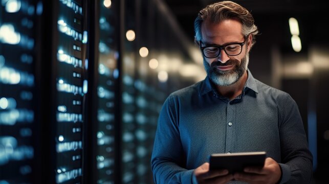 Male IT Technician Running Maintenance Programme on a Tablet, Controls Operational Server Rack Optimal Functioning. Modern High-Tech Telecommunications Operational Super Computer.